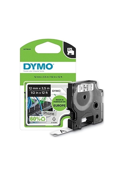 Dymo S0718040, Yüksek Performans Esnek Naylon 12 Mm X 3,5 Mt , Siyah/beyaz 16957