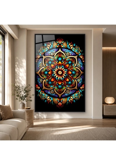 Siyah Fonda Vitray Renklerinde Detaylı Simetrik Mandala Siyah Çerçeveli Cam Tablo
