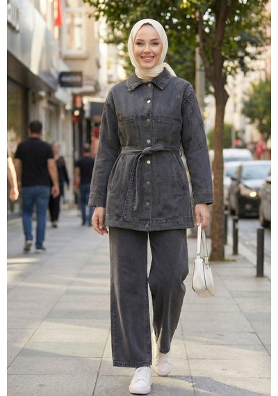 Hb Harma Time Butik Kadın Kuşaklı Taş İşlemeli Kot Gri İkili Takım Gri Gri
