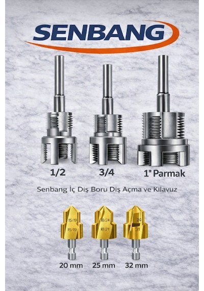 Senbang Pprc Pvc Boru Diş Açma Ve Havşa Pah Seti 6 Lı 1/2 3/4 1 Parmak Kılavuz + 20-25-32 Mm Havşa Ucu