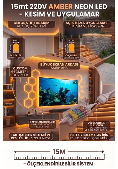 15 Metre Amber 220v Neon Led Şerit ,tak Çalıştır Set, Fişli Esnek Şerit Led, ,turuncu Led,mutfak,tezgah Ledi, Neon Led Şerit Işık ,ambiyans Işık Havuzu, Balkon, Teras Ve Ev İçin Dekoratif Led