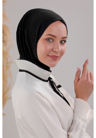 Melodi Scarf Kadın Tesettür Pratik Çıtçıtlı Sandy Fular Hazır Deniz Havuz Uyumlu Bone Siyah Siyah