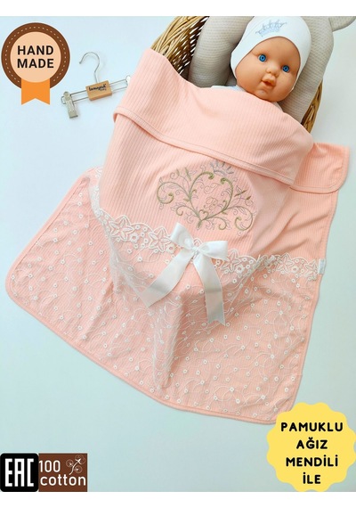 Pembe Kız Bebek Battaniyesi %100 Pamuklu Şık Dantelli Nakışlı Doğal Organik Uyku Örtüsü Yenidoğan Somon