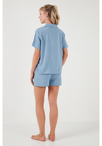 Lela Gömlek Yaka Beli Lastikli Kısa Kollu Şortlu Bayan Pijama Takımı 611Pt00065 Indigo
