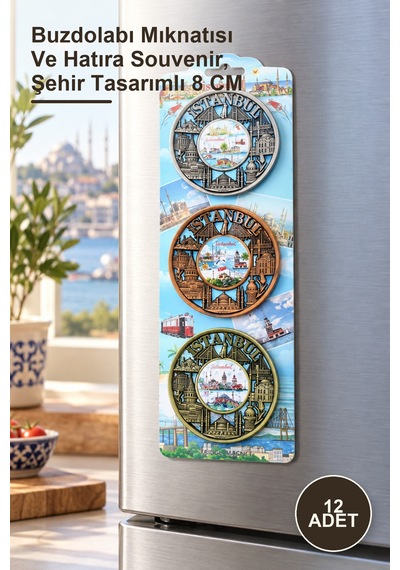 12 Adet İstanbul Temalı Metal Magnet Buzdolabı Mıknatısı Ve Hatıra Souvenir, Şehir Tasarımlı 8 Cm 1