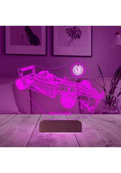 Luvivia Formula 1 F1 Yarış Arabası Kişiye Özel Metal Saatli 3d Lamba - Masa Gece Lambası Şeffaf