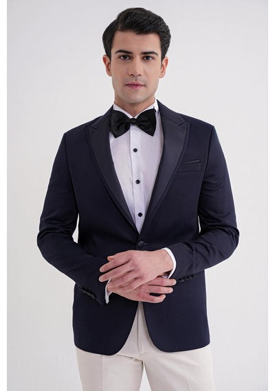 Black 035 Slim Fit Saten Yaka Çift Yırtmaçlı Tek Düğmeli Lacivert Damatlık Smokin Ceket Lacivert