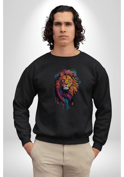Renkli Yağlı Boya Aslan Unisex Siyah Baskılı Sweatshirt Siyah