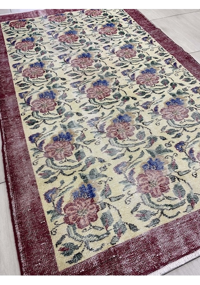 El Dokuma Eskitme 145X240 Kırmızı Mavi Güllü Vintage Yün Halı ! Kırmızı