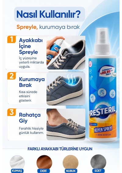 Resteril Ayakkabı Koku Giderici Sprey Ayak Kokusu Giderici Parfümsüz Ayakkabı Deodorantı Dezenfektan Spreyi 200 ML