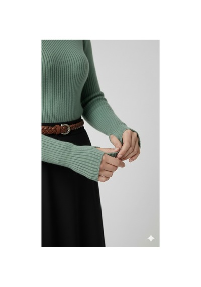 Sonbaharmoda Kadın Boğazlı Likralı Triko Badi Parmak Geçmeli Kol, Tek Beden,100% Akrilik Fıstık Yeşili