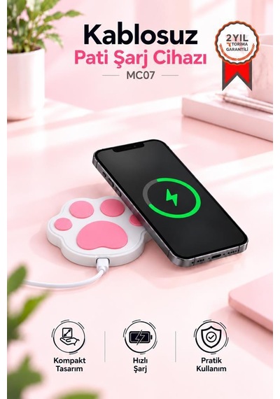 Torima Kablosuz Şarj Cihazı Kedi Patisi Görünümlü 15w Hızlı Şarj Pad Mc07 Beyaz 1 Adet