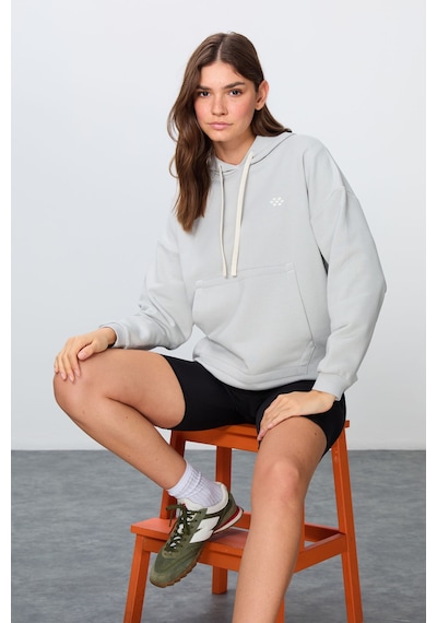 Tommy Life Taş Kompakt Pamuklu Kalın Pürüzsüz Dokulu Kapüşonlu Oversize Fit Kadın Sweatshirt - 97291 Taş