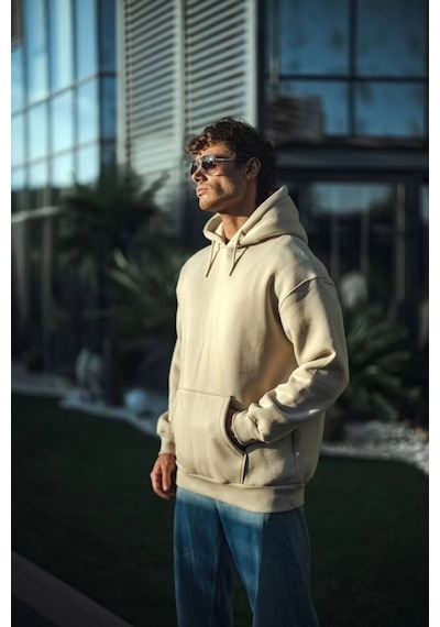 Mbb E-ticaret Kadın 3 İplik Pamuklu Kapüşonlu Kanguru Cepli Oversize Hoodie Sweatshirt - Bej