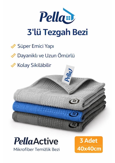 Mikrofiber Cam Bezi 3'lü Set 40x60cm - Ilaçsız Lekesiz Temizlik, Çizik Yapmaz, Yıkanabilir Gri - Mavi