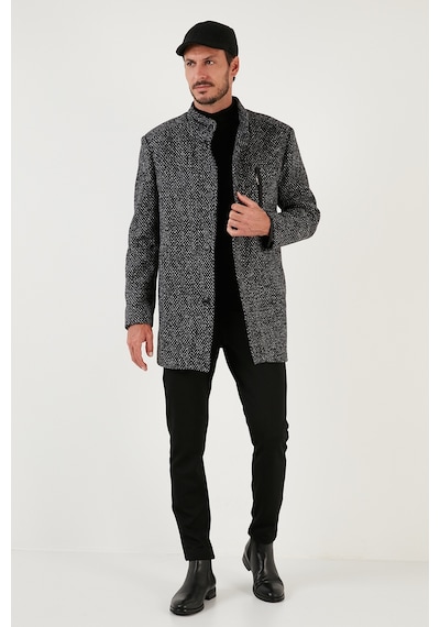Buratti Düğmeli Dik Yaka Kırçıllı Slim Fit Kaşe Erkek Kaban 5841016 Siyah Noktalı