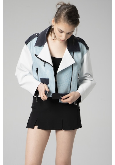 Dericlub H.quınn Crop Biker Kadın Deri Mont Mavi