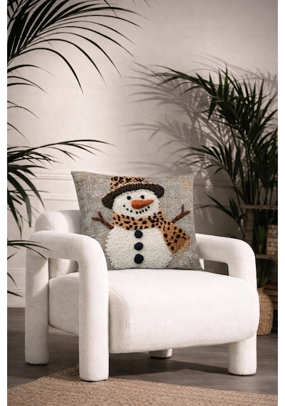 Leopar Detaylı 3d Kardan Adam Dekoratif Kırlent Kılıfı 45x45 Cm Gri