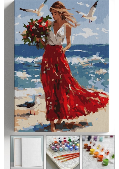 Sayılarla Boyama Seti Numaralı Tuval Fırça Boya Askı Aparatı Dahil Set 40x50 Cm - Sahilde Çiçekli Kız