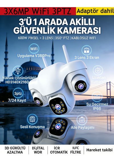 3 Kamerali 3 Ptz 3x6mp Wifi Lle Calisan Guvenlik Kamerasi Full Hd Ip66 360