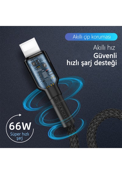 66w Süper Hızlı Şarj Kablosu 1 Metre Usb Apple Bağlantı 6a Akım Yüksek Yoğunluklu Dokuma apple 1m Black