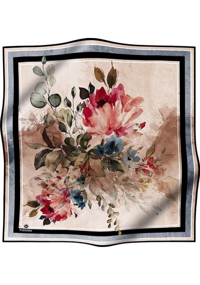 Vissona %100 Twill İpek Bahar Çiçekleri Desenli Siyah - Haki Renkli 90x90 Eşarp Dikim Şekli : El Dikişi Çok Renkli