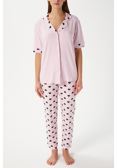 Kadın Lily Yumuşak Doku Pembe Kalpli Ön Düğmeli Kısa Kollu Pijama Takımı Pembesiyah Pembe - Siyah