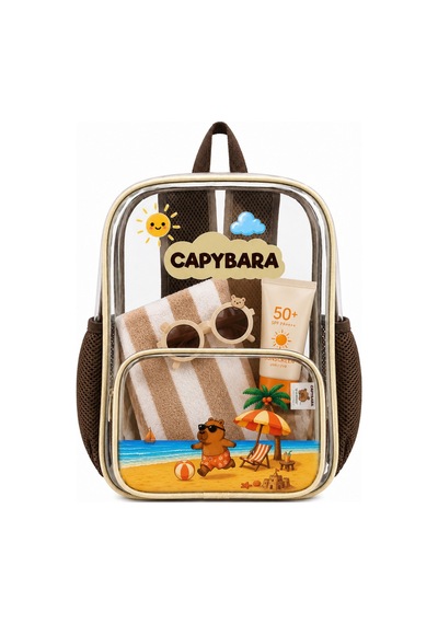 Capybara Lisanslı Şeffaf Çocuk Çantası - Hafif Ve Dayanıklı Şeffaf Sırt Bej