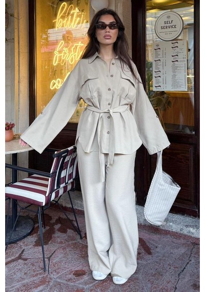 Seeh Bej Uzun Kollu Oversize Kadın Takım Sh338 Standart