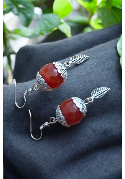 Kırmızı Akik Küpe 14 Mm Faset Elmas Kesim Akik Taşı Küpe 2 Adet 1 Takım Doğal Taş Küpe Kırmızı Kırmızı