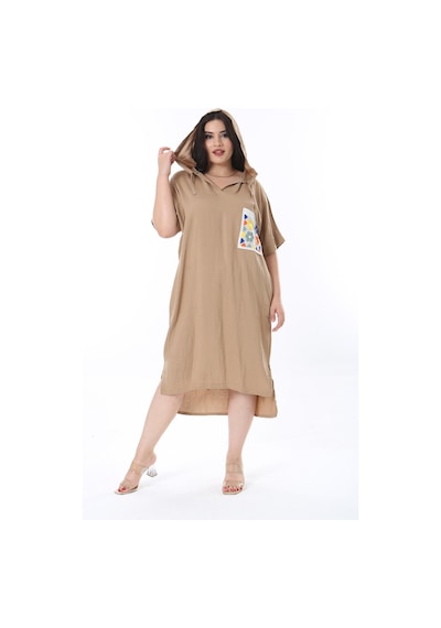 Şans Kadın Büyük Beden Camel Kapşonlu Örgü Cep Detaylı Düşük Kollu Elbise 65n36012-camel Camel