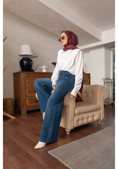 Neways 1067-denim Bol Paça Pantolon Koyu Mavi Mavi