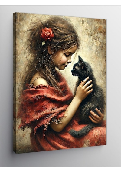 Kanvas Tablo Kara Kedi Ve Kız Çocuğu 50cmx70cm
