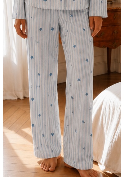 Womanandkids Mavi Kadın Relax Fit Düğme Pijama Takımı