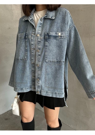 Esra Butik78 Açık Mavi Yıkamalı Oversize Kot Ceket Çift Cepli Salaş Denim Ceket