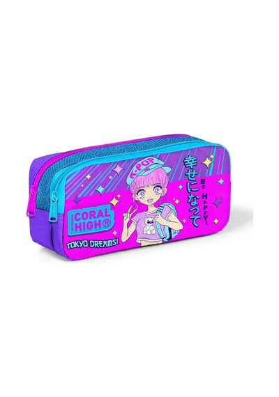 Coral High Kids Mor Pembe Mavi Simli K-pop Desenli İki Bölmeli Kalem Çantası 12064