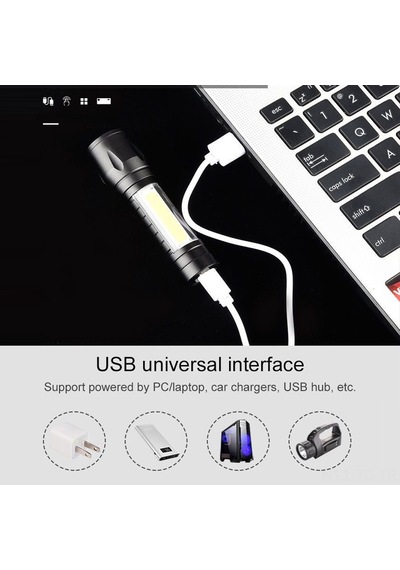 Skycity Usb Şarjlı 3 Modlu Cob El Feneri - 360 Lümen Parlaklık, Zoom Özellikli, Su Geçirmez Gümüş