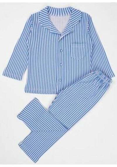 Megalaksi Erkek Çocuk Önden Düğmeli Çizgili Mavi Gaffur Pijama Takımı