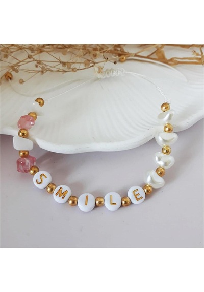 Makrome Örme Smile Yazılı Sedef & Gül Kuvars Doğal Taş & İncili Kadın Bileklik & Halhal Çok Renkli