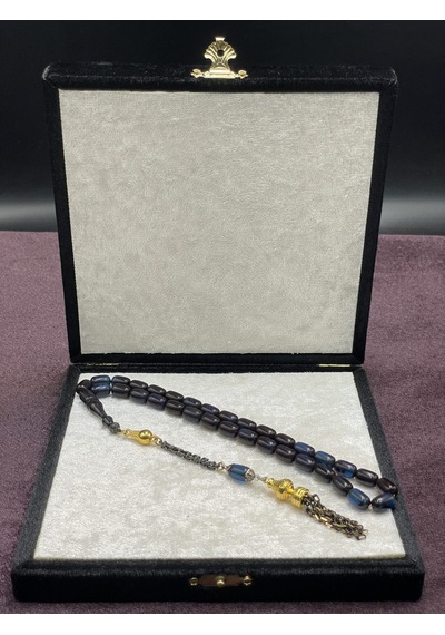 Gold Renkli Alpaka Aksamlı İspirto Yansımalı Ateş Kehribar Tesbih 7x11 Mm Siyah