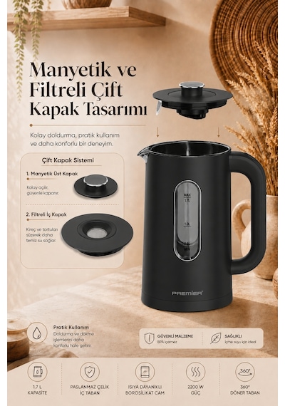 Premier PRK 3218A 1.7 L Isıya Dayanıklı Cam Hazneli Led Işıklı Su Isıtıcısı Kettle