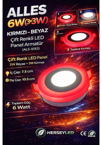Alles 6w Kırmızı Beyaz Çift Renkli Led Panel Armatür Kırmızı