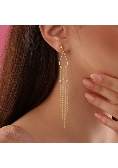 Queen Silver Jewelry 925 Ayar Gümüş Damla Tel Zirkon Sallantılı Küpe Altın