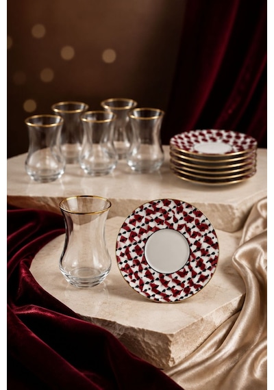 Modern 6 Kişilik Geometrik Desenli Çay Seti 12 Parça Gold Detaylı Kırmızı