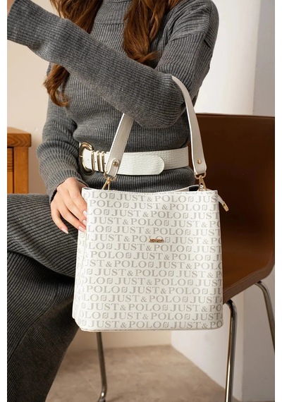 Just Polo Kadın Monogram Baskılı El Ve Omuz Çantası Ebat 25 X 25 Beyaz