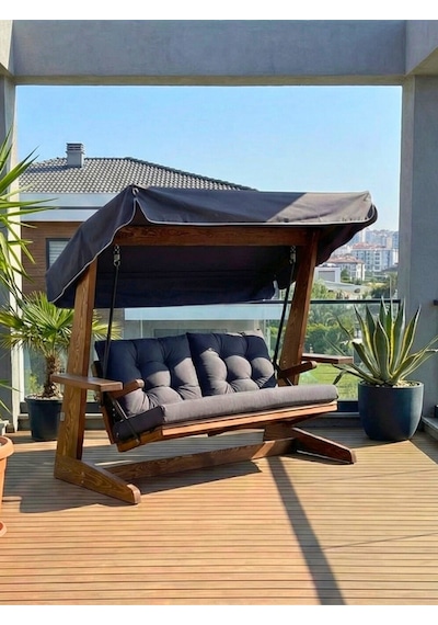 Aida Swings Viva 2200 3 Kişilik Ahşap Bahçe Salıncağı, Balkon Teras Dış Mekan Salıncağı Antrasit