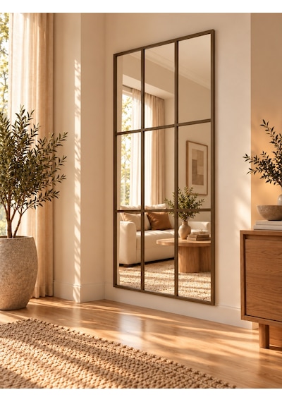 Mirroir Eskitme Metal Çerçeveli Dekoratif Pencere Model Duvar Aynası 80x180