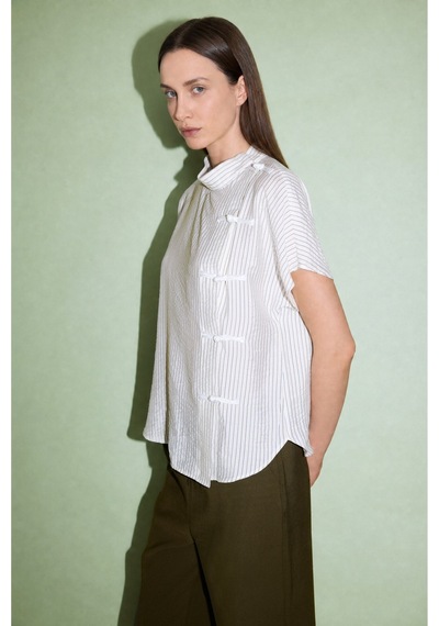 Defacto Relax Fıt Dik Yaka Çizgili Bluz H8744ax26auer105 Ekru-er105