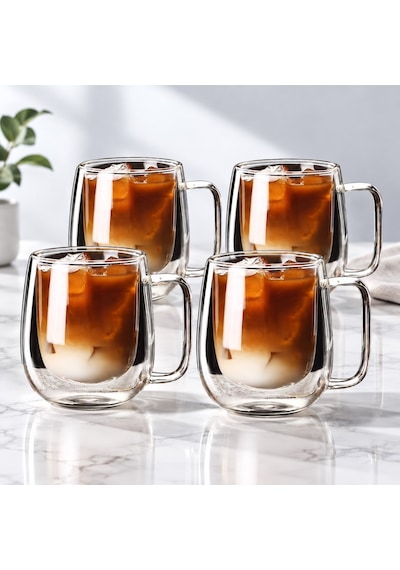 4 Adet Çift Katmanlı Kahve Kupasi Seti - Kahve Sunum Bardağı - Latte Bardağı Çift Cidarlı 350 Ml Çokrenkli