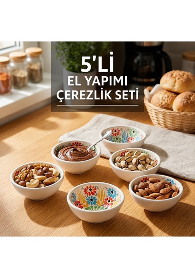 Tr Seramik 6'li Kase Seti El Yapımı Çerezlik, Reçellik, Sosluk & Kahvaltılık Sunum Takımı Elde Boyanmış Renkli